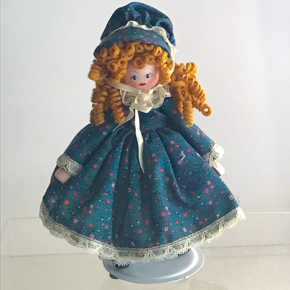 Wooden Country Girl With Curly Blonde Hair Doll in an Adjustable Stand - Vintage